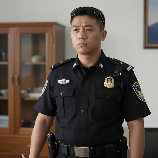 Serious Police Officer by Glass Cabinet