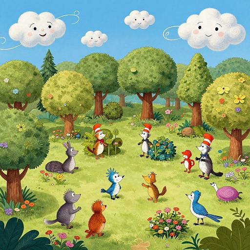 Colorful children's illustration of whimsical forest with anthropomorphic animals, including red-and-white striped cats, bluebirds, and hedgehogs, under