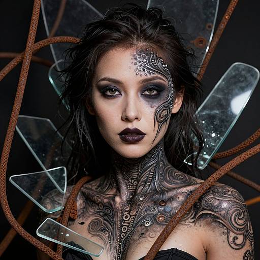 Photograph of a dark-haired woman with intricate black tattoos, dark lipstick, and translucent wings, set against a dark, industrial background.