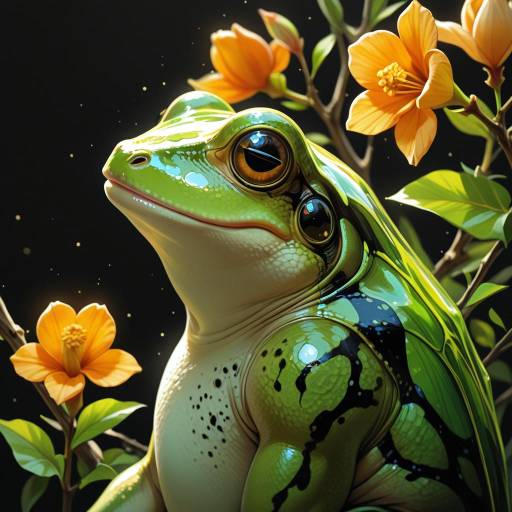 Emerald Frog on Zebrine Blossoms Emerald Frog on Zebrine Blossoms