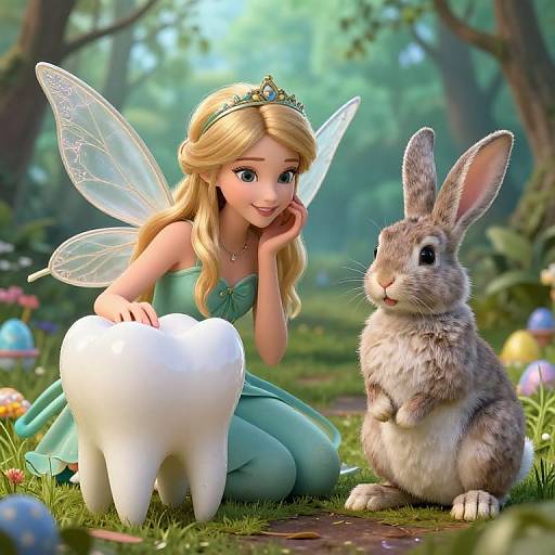 Digital illustration of a blonde fairy princess with transparent wings, tiara, and green dress, kneeling beside a white tooth and a brown bunny in a magical