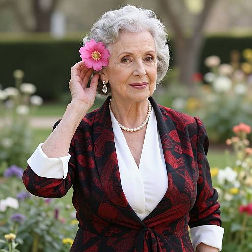 Photograph of an elderly woman with white hair, wearing a red floral blazer, white blouse, pearl necklace, and earring, holding a pink