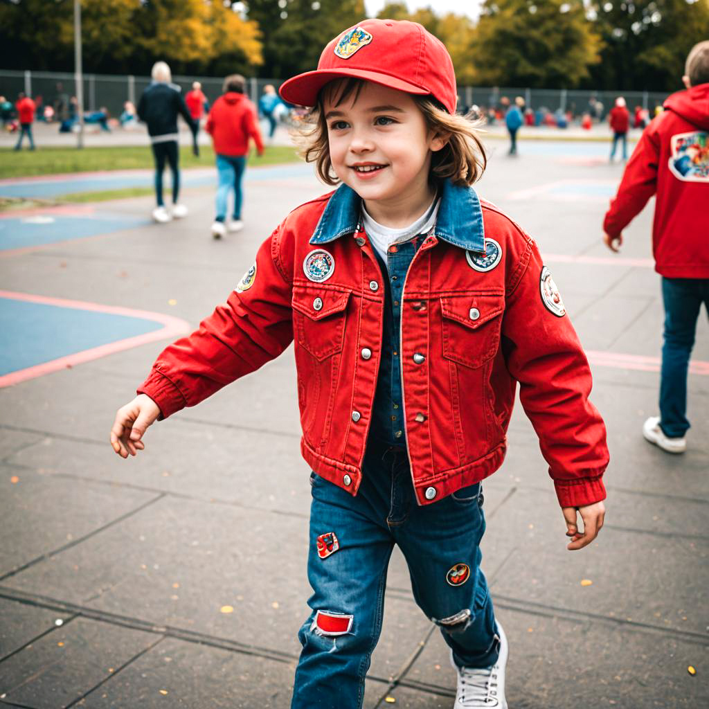 Energetic Boy in Red Denim at Skatepark