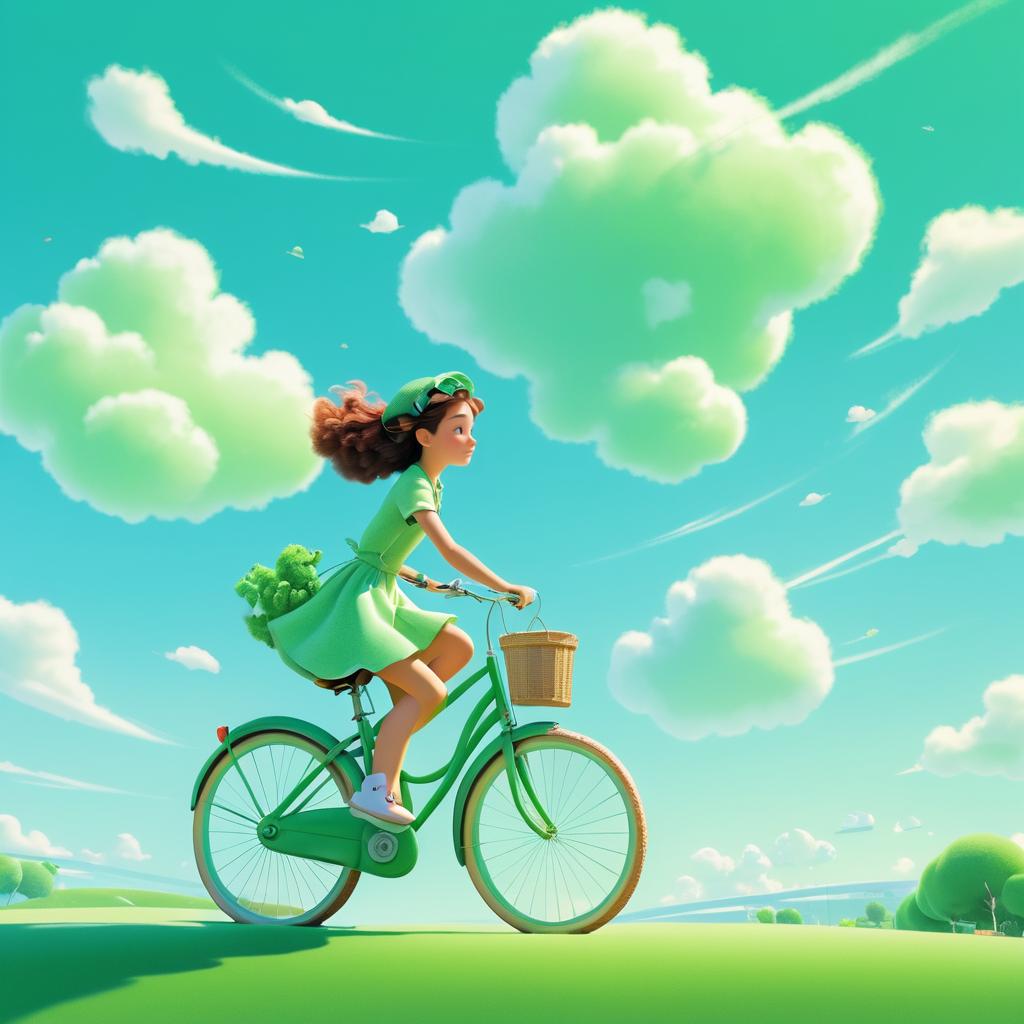 Whimsical Girl on Green Bicycle Adventure