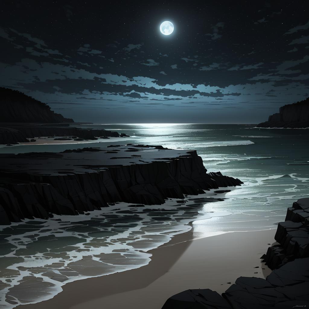 Moody Coastal Landscape Under Eerie Moonlight