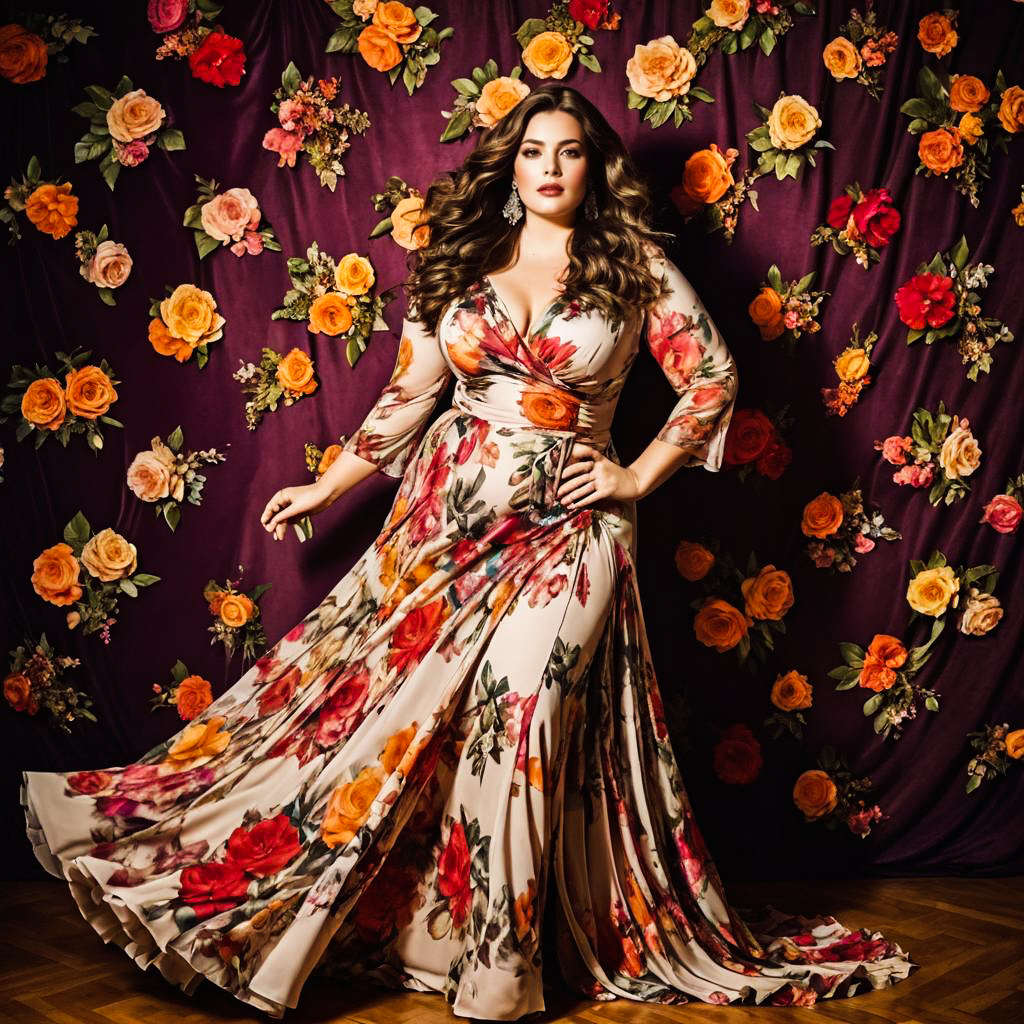 Glamorous Woman in Vintage Floral Dress