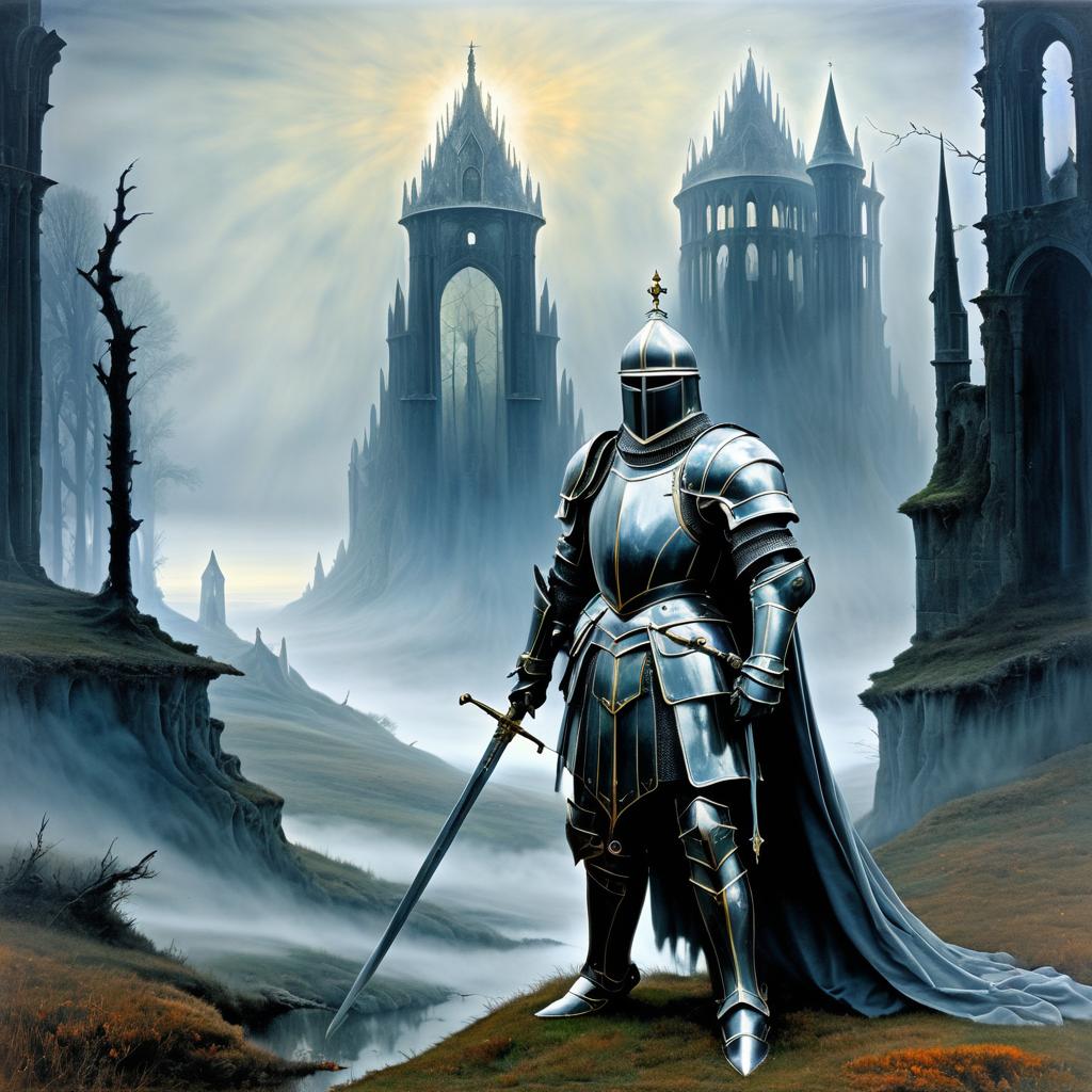 Surreal Ghostly Knight in Foggy Landscape