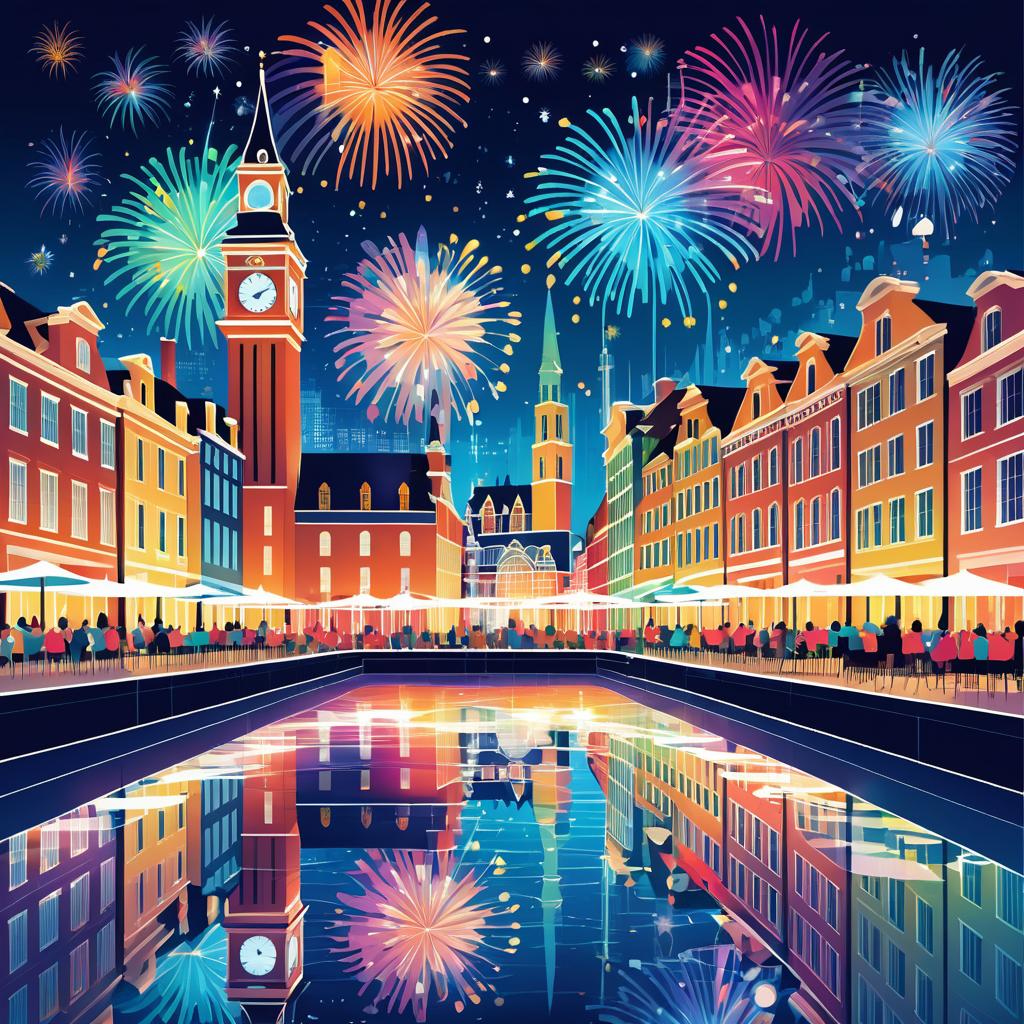 Vibrant City Square with Fireworks