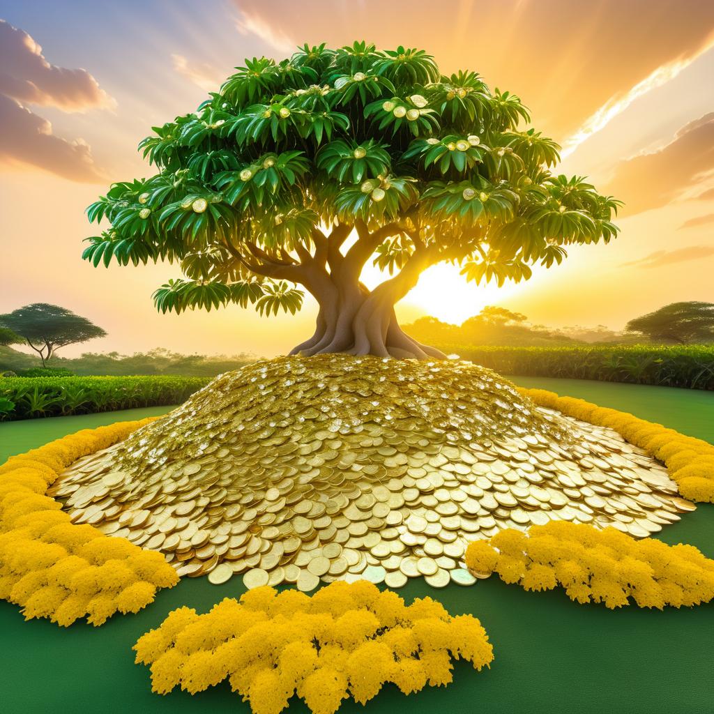 Lush Landscape with Golden Flowers and Coins