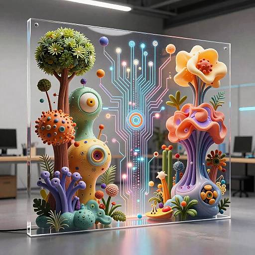 Digital art of vibrant, surreal, colorful plant-like creatures with glowing circuits, surrounded by abstract flora, set in a modern, minimalist room.