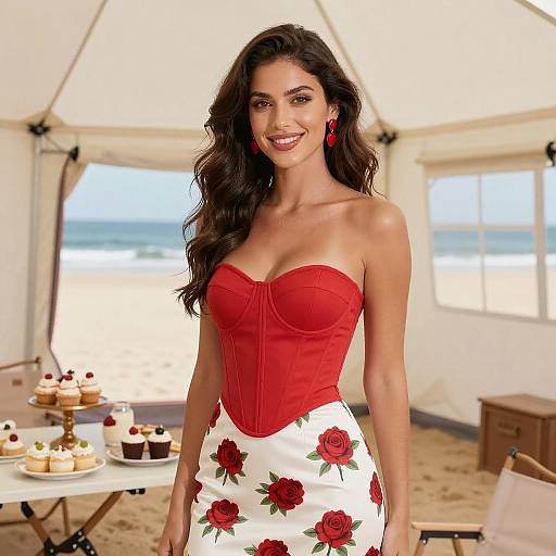 Photograph of a smiling woman with long dark hair, wearing a red strapless corset and white skirt with red roses, standing in a beach tent