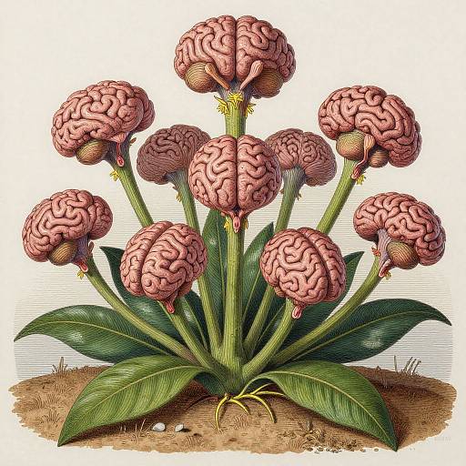 Detailed botanical illustration of a plant with brain-shaped flowers, pink and textured, on green stalks, with large leaves and a grassy base.