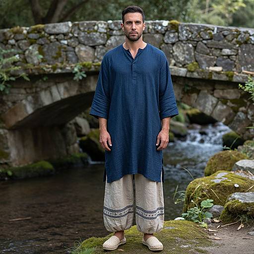 Man in Indigo Tunic by Mossy Bridge