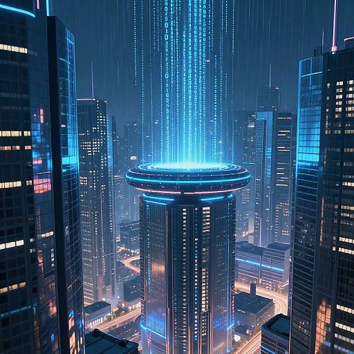 CGI image of a futuristic cityscape at night, featuring a central glowing skyscraper with blue lights, surrounded by high-rise buildings, illuminated streets,