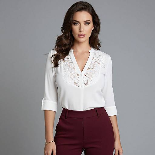 Photograph of a woman with long dark hair, wearing a white lace blouse and maroon pants, standing against a gray background.
