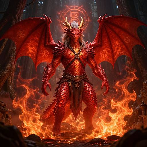 Digital illustration of a fierce, red-scaled dragon warrior with large wings, standing in a fiery forest, wearing dark armor, with a glowing rune behind