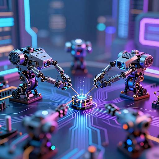 Photorealistic CGI of four robotic arms converging on a glowing central hub, surrounded by neon blue lines on a futuristic circuit board.