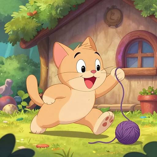 Cartoon orange tabby kitten joyfully chasing a purple ball in a sunlit, colorful garden with a wooden house in the background.