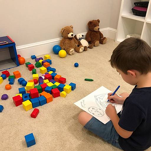 Photograph of a young boy in a black shirt, drawing on paper while surrounded by colorful plastic blocks and two teddy bears on a beige carpet in