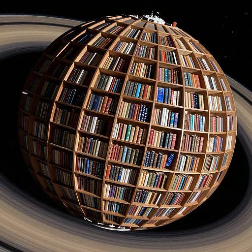 Photorealistic digital artwork of a wooden globe filled with colorful books, orbiting a dark space with swirling rings.