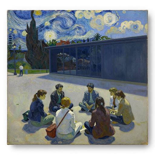 Digital painting of six people sitting on a concrete ground at night, under a vibrant, swirling blue sky, reading together. Inspired by Van Gogh's
