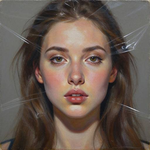 Digital portrait of a young woman with fair skin, brown hair, green eyes, and pink lips, with glass-like cracks overlaying her face against a