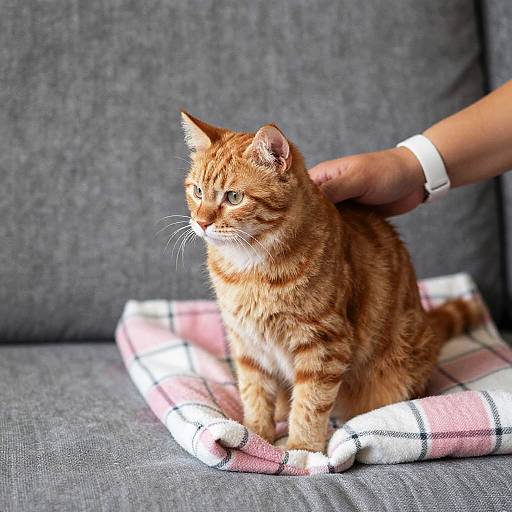 Photograph of an orange tabby kitten with white stripes, sitting on a pink and white plaid blanket, being gently petted by a hand on