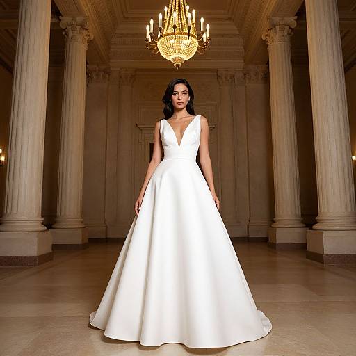 Photograph of a woman with long black hair wearing a sleeveless, deep V-neck white wedding dress, standing in an opulent room with grand columns