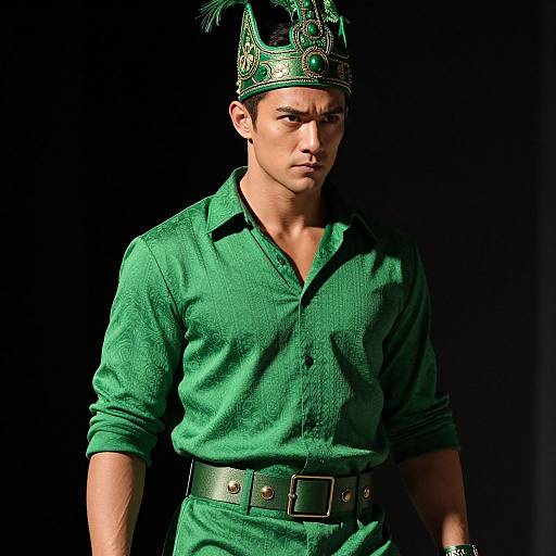 Photograph of a muscular man in a green, textured, button-up shirt and matching hat with a black belt, standing against a dark background, expression