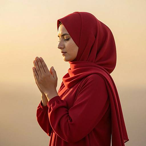 Photograph of a woman with light brown skin, wearing a red hijab and matching long-sleeve top, praying with hands clasped, set