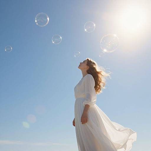 Photograph of a young woman in a flowing white dress, gazing upwards at floating bubbles against a bright blue, sunlit sky.