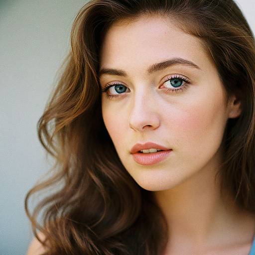 Photograph of a young woman with fair skin, blue eyes, and wavy brown hair, looking slightly to the side with a neutral expression. Soft