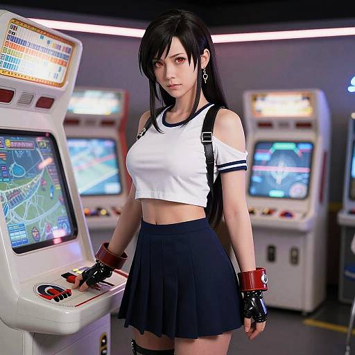 CGI image of a young woman with long black hair, wearing a white crop top, black skirt, and fingerless gloves, standing in an arcade