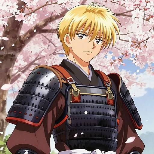 Digital anime-style drawing of a blonde-haired, blue-eyed samurai with black armor, standing under cherry blossom trees, petals falling.