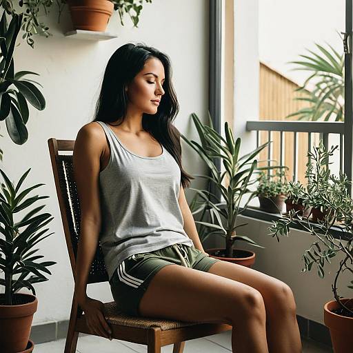 Relaxed Woman Sitting on Chair in Plant-filled Terrace