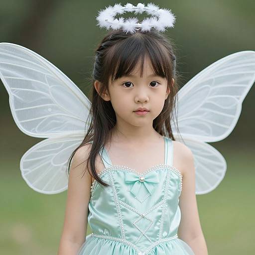 Photograph of an Asian toddler girl with black hair, wearing a light blue satin dress, white fairy wings, and a halo, standing in a grass