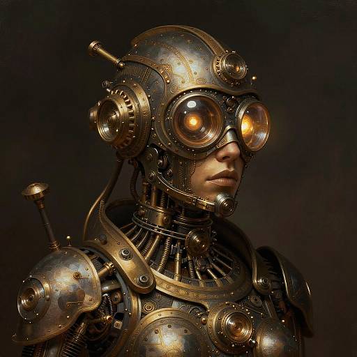 Steampunk-style CGI portrait of a person with a metallic, gear-covered head and large, reflective goggles, set against a dark background.