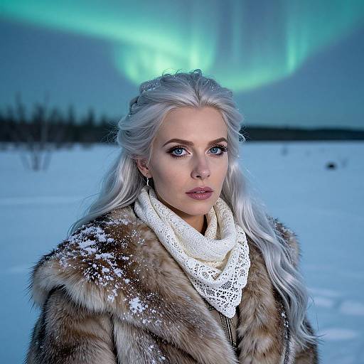 Photograph of a fair-skinned woman with long white hair, wearing a fur coat and white lace scarf, standing in a snowy landscape with northern lights