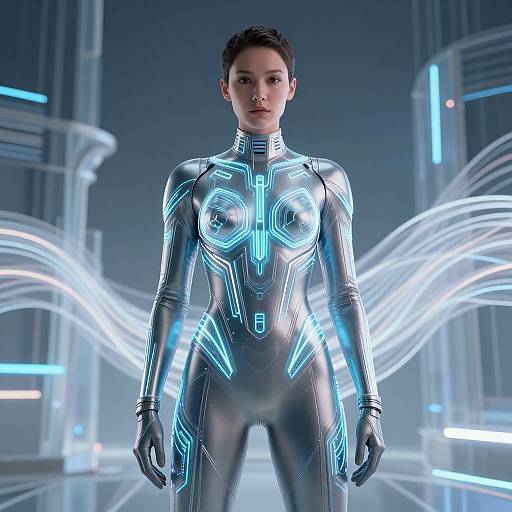 CGI image of a futuristic, short-haired woman in a sleek, metallic blue bodysuit with glowing neon patterns, standing in a high-tech,