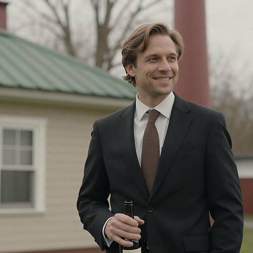 Smiling Man in Suit by House