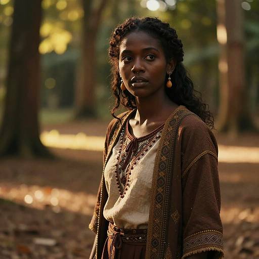 Photograph of a serious Black woman with dark skin, curly hair, wearing a brown embroidered cardigan and white blouse, standing in a sunlit forest