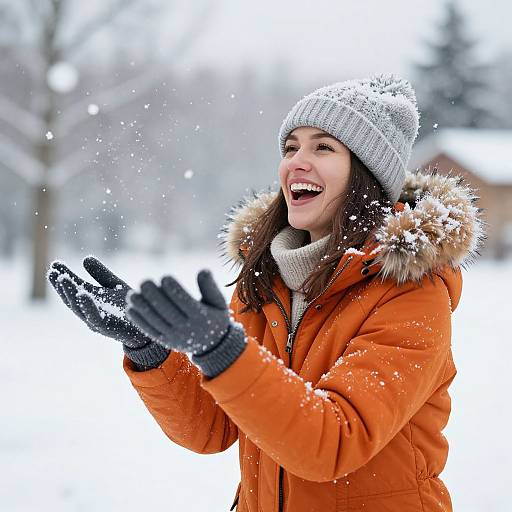 Photograph of a smiling woman in an orange winter coat, gray beanie, and black gloves, joyfully throwing snowflakes in a snowy landscape