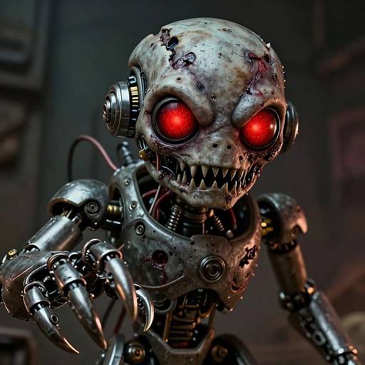 CGI image of a grotesque, cybernetic skeleton with red glowing eyes, sharp teeth, and metal joints, set against a dark, industrial