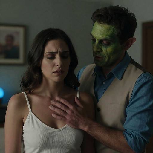 Man with Goblin Face Paint Touching Woman's Chest