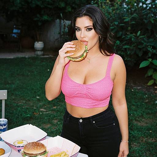 Photograph of a woman with dark hair, wearing a pink crop top and black pants, eating a burger outdoors, surrounded by burgers on a table.
