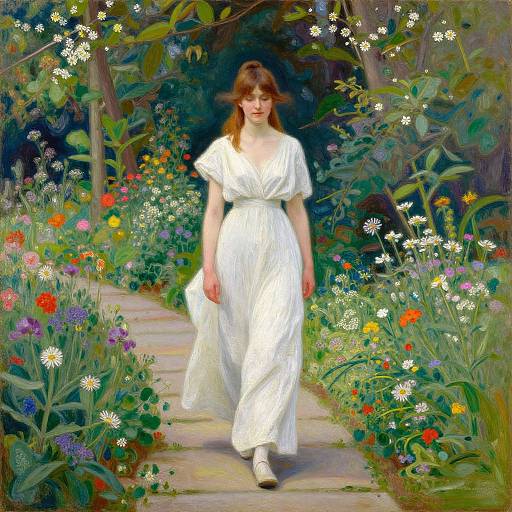 Digital painting of a fair-skinned, brown-haired woman in a white dress walking through a vibrant, flower-filled garden path.