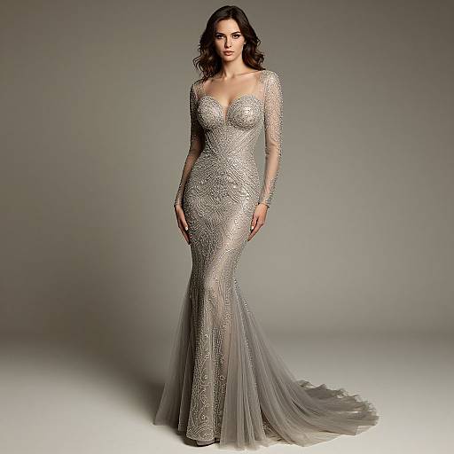 Photograph of a tall, dark-haired woman in a silver, long-sleeved, form-fitting, beaded evening gown with a sheer neckline