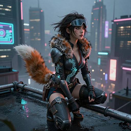 Cyberpunk Fox-Tailed Samurai on Neon Rooftop