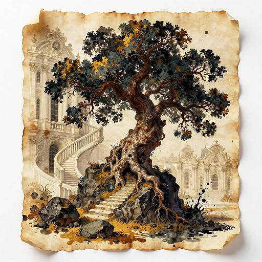 Digital illustration of a twisted, ancient tree with dark foliage, growing on rocky terrain beside a grand, classical staircase and building.