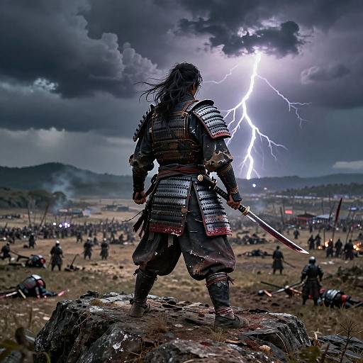 Epic photograph of a samurai in armor, standing on a rock, holding a sword, facing a lightning-filled battlefield with dark clouds.